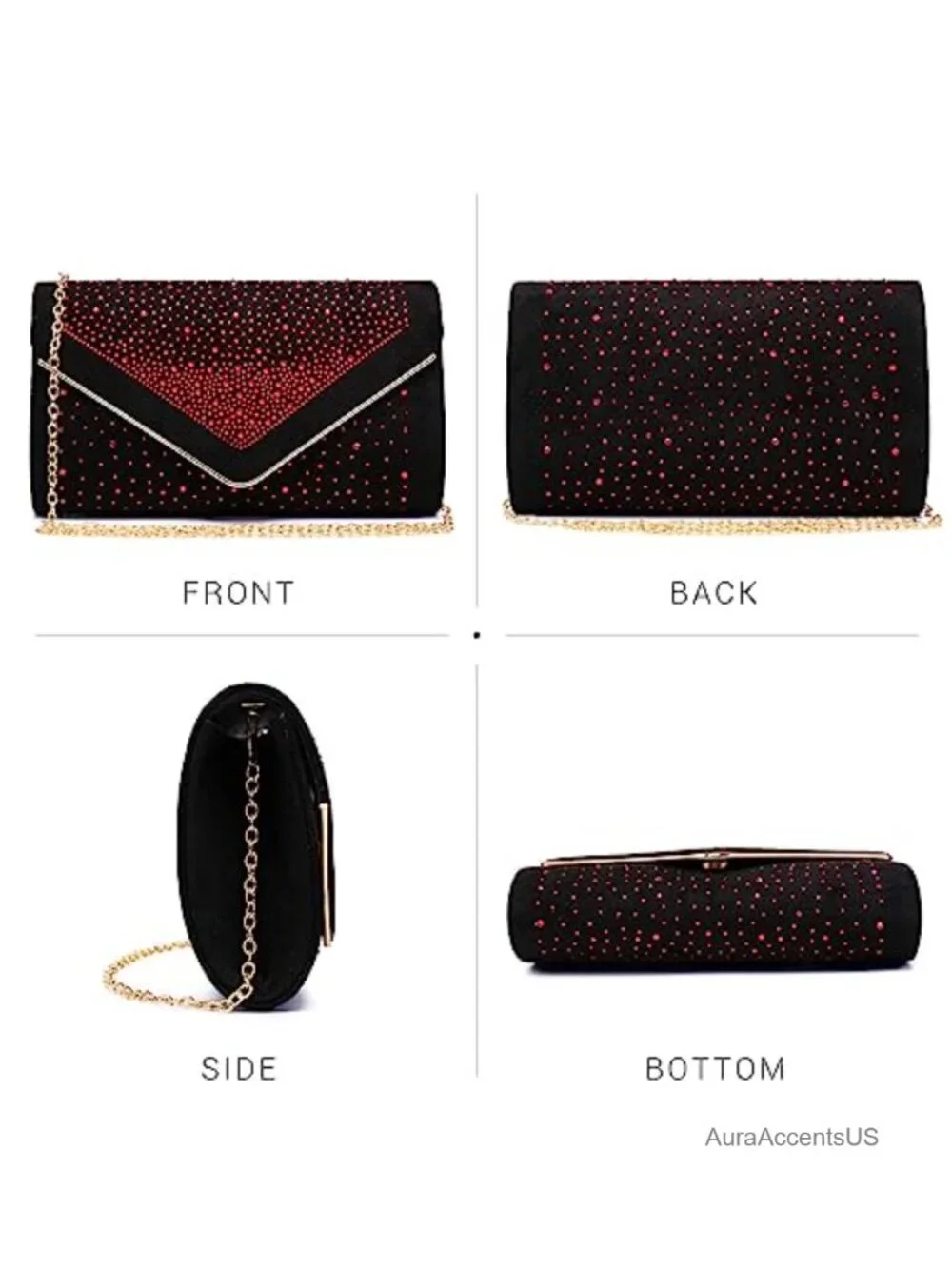 Faux Suede Clutch with Rhinestones Detachable Chain Strap
